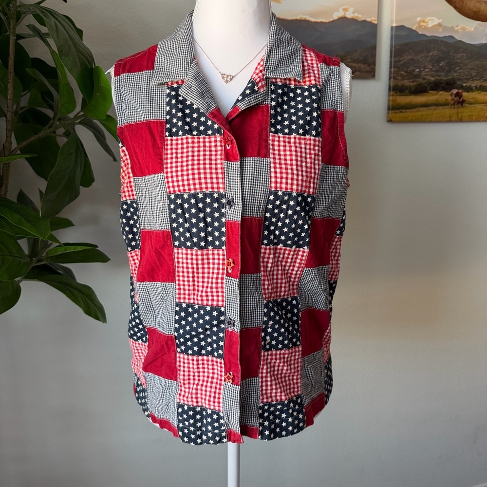 Patchwork Sleeveless Button-Up Top - image 1